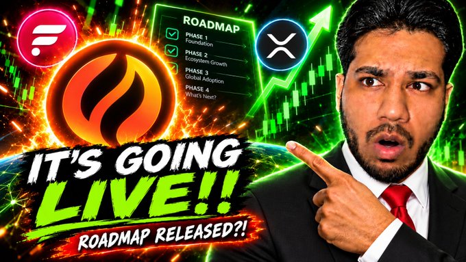 The image is a YouTube thumbnail featuring a man in a black suit and red tie pointing toward various graphics, with bold text reading "IT'S GOING LIVE!! ROADMAP RELEASED?!" alongside logos for Flare (FLR), XRP, and Firelight, plus a roadmap displaying phases such as "Foundation," "Ecosystem Growth," "Global Adoption," and "What's Next?"—all reinforcing the post's message about Firelight's launch announcement and its potential impact on XRP and FLR demand within the Flare ecosystem.