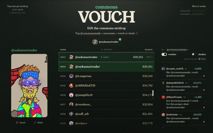 A screenshot of a webpage titled 'commons VOUCH' showing a leaderboard for an airdrop, with 'Top 5000 get airdrop' and user '@uykusuztrader' ranked #403 with 835,301 points.