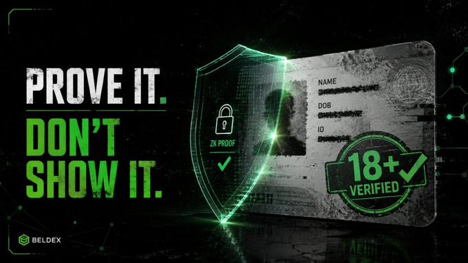 An advertisement for 'BELDEX' displaying 'PROVE IT. DON'T SHOW IT.' alongside an ID card with a ZK Proof shield, an '18+ VERIFIED' badge, and redacted personal information.