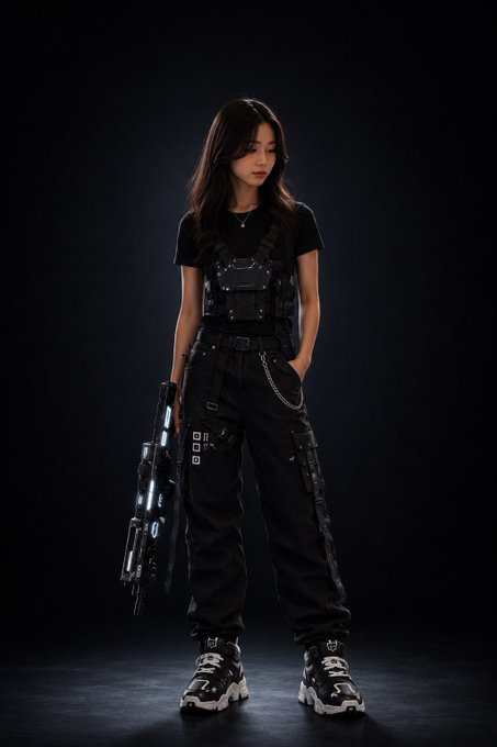 A young woman poses against a black background wearing a black tactical vest, black pants, a white shirt, and chunky sneakers, holding a large futuristic weapon.