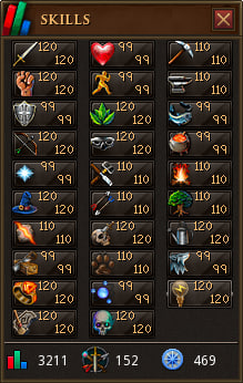 A video game skills menu interface displays various character attributes with skill levels ranging from 99 to 120, showing stats like 321, 152, and 469 at the bottom.