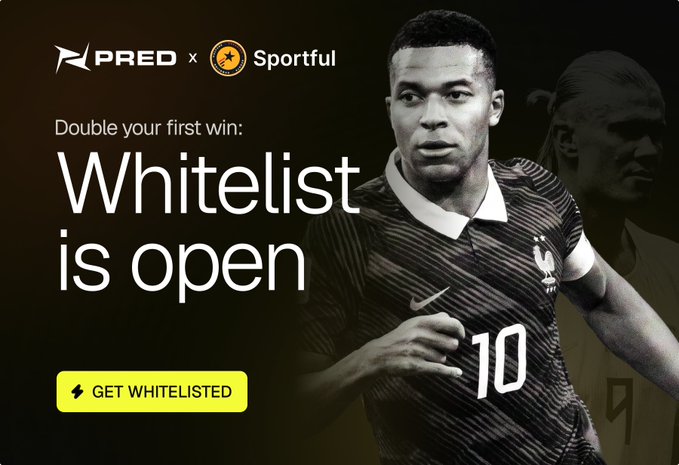 A promotional graphic features a black-and-white image of soccer player Kylian Mbappé wearing jersey number 10, with text announcing "PRED x Sportful" and "Double your first win: Whitelist is open," along with a "GET WHITELISTED" call-to-action button, encouraging users to sign up for a final whitelist opportunity.