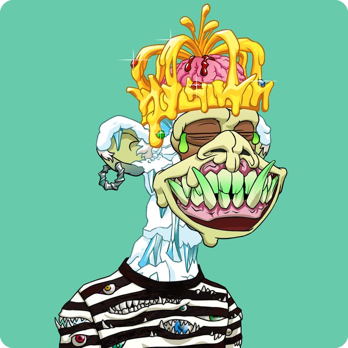 The image features a cartoon monkey wearing a crown, which has a yellow headpiece with a gold crown on top of its head. The monkey appears to be smiling and is dressed in a striped shirt. The caption below the image reads "GM apes strong together bayc.com/0xtack".