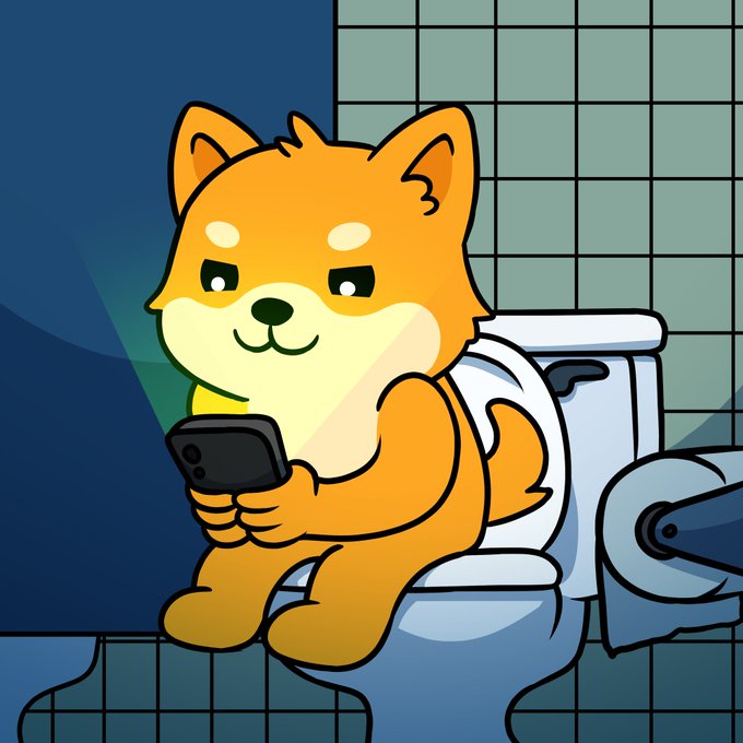 An illustration of a cartoon orange Shiba Inu-style dog wearing a diaper, sitting on a toilet and looking at a smartphone, set against a dark blue tiled bathroom background.