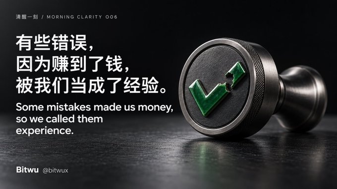 A dark graphic featuring a stamp with a green checkmark, displaying the text '清醒一刻 / MORNING CLARITY 006', '有些错误，因为赚到了钱，被我们当成了经验。', 'Some mistakes made us money, so we called them experience.', and the handle 'Bitwu @bitwux'.