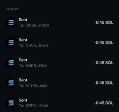 A dark-themed transaction history showing five "Sent" transactions, each for -0.45 SOL, addressed to various recipients including D6eiR...hRSX, 2nWh...Rwcs, 65KR...JRzy, 8TnW...adib, and 8TFJ...H2uh, visually confirming the post's claim of having distributed SOL to multiple users.