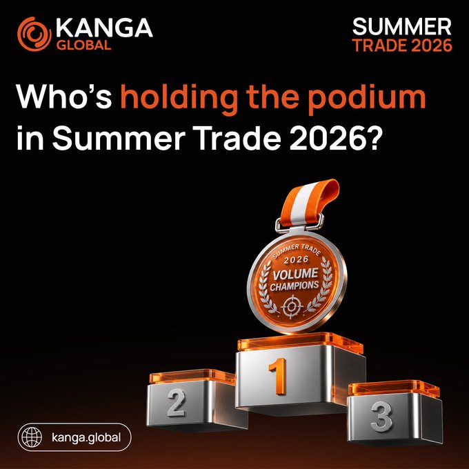 A Kanga Global promotional graphic for "Summer Trade 2026" asking "Who's holding the podium in Summer Trade 2026?" featuring a 3D-rendered silver and orange medal reading "Volume Champions 2026" atop a numbered podium (1, 2, 3) against a black background, with the website kanga.global displayed at the bottom. The image visually represents the top-three leaderboard standings teased in the post across the Sniper ROI, Best ROI, and Volume contests.
