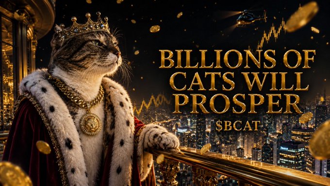 Promotional graphic with a regal cat wearing a crown and royal robes, featuring the text 'BILLIONS OF CATS WILL PROSPER' and ticker '$BCAT' with a city skyline background.
