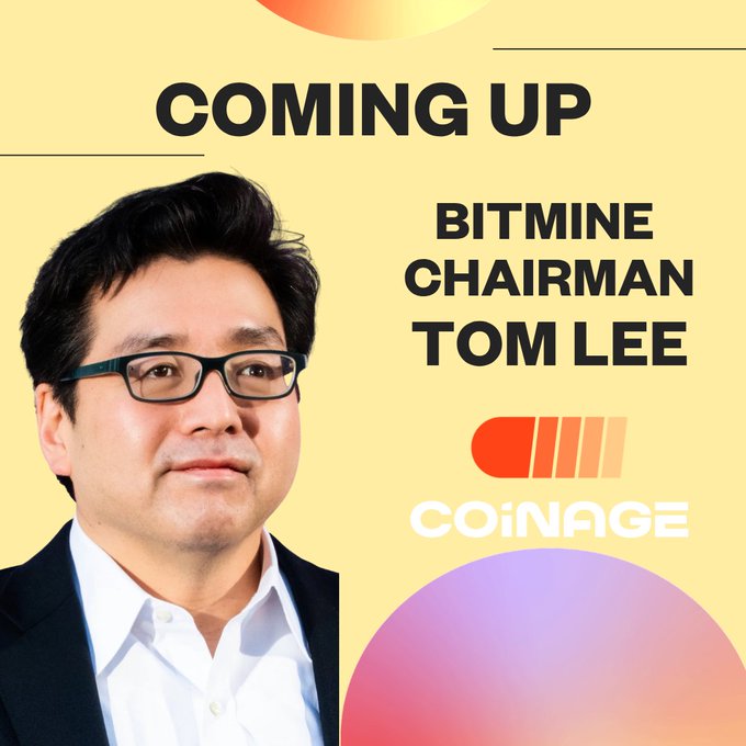 A promotional graphic reading 'COMING UP: BITMINE CHAIRMAN TOM LEE' and featuring the 'COINAGE' logo, with a photo of a man in glasses.