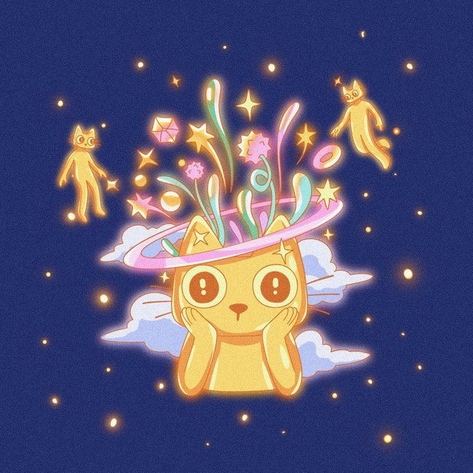 A cute yellow cat-like character with stars, gems, and pastel shapes bursting from its head floats against a starry night sky, accompanied by two glowing cat figures. The whimsical, dreamy artwork complements the post's bullish sentiment on gold, symbolizing the shining, star-like potential of gold dividend coins amid their current price retracement.