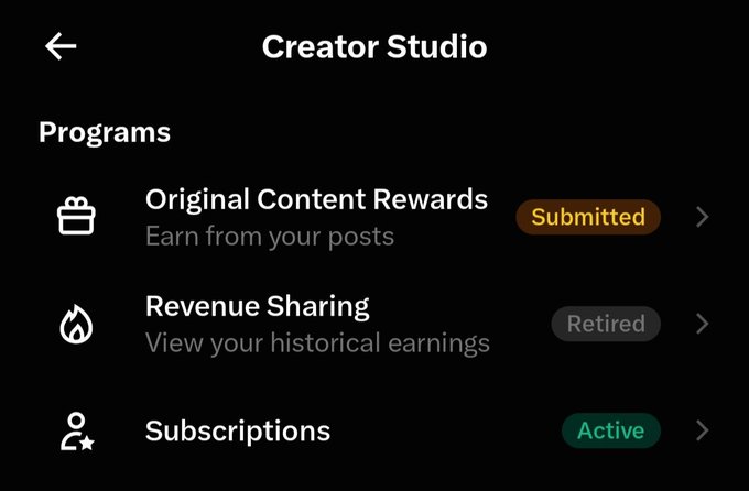 A 'Creator Studio' app screen displays 'Programs' including 'Original Content Rewards' (Submitted), 'Revenue Sharing' (Retired), and 'Subscriptions' (Active).