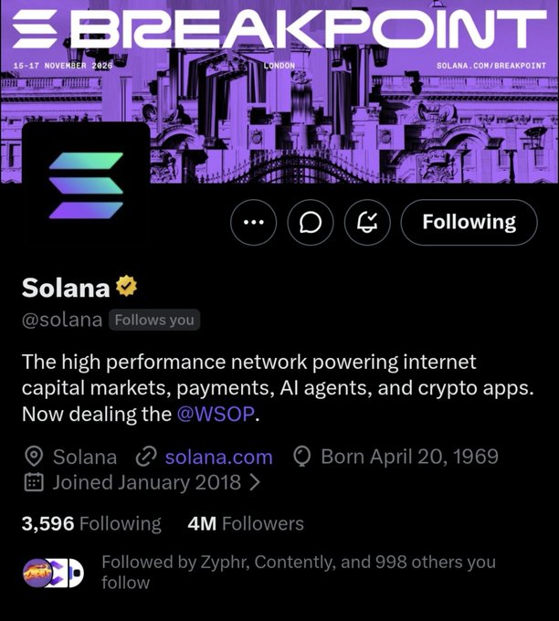 A screenshot of the Solana Twitter/X profile (@solana) promoting 'BREAKPOINT' event on 16-17 November 2026 in London, with bio describing it as 'The high performance network powering internet capital markets, payments, AI agents, and crypto apps.'