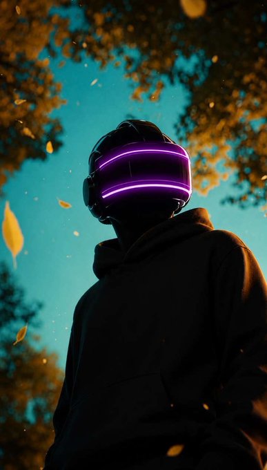 A low-angle digital artwork of a figure wearing a hoodie and a dark visor featuring glowing purple neon lines, set against a teal sky with floating golden leaves.