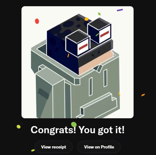 An illustration of an arcade-style prize chute containing a blue Nintendo GameCube console, with the text 'Congrats! You got it!' and buttons for 'View receipt' and 'View on Profile' below.