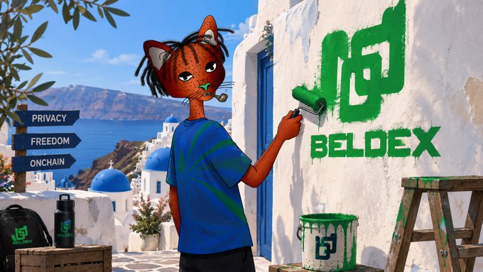 The image depicts a cartoon cat with dreadlocks painting a large green "Beldex" logo on a white Mediterranean-style wall, with a scenic coastal village featuring blue-domed buildings and a blue sea in the background. A signpost points to "Privacy," "Freedom," and "Onchain," while a paint can labeled with the Beldex logo sits nearby alongside branded merchandise, reinforcing the post's theme of Beldex simplifying crypto identity through human-readable .bdx names that unify wallet, BChat, and other services under one accessible identity.