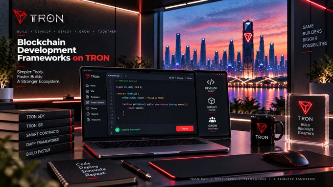 A promotional image for the TRON blockchain development framework, showing a laptop with code on screen alongside TRON SDK, TRON IDE, and Smart Contracts books, with text 'Blockchain Development Frameworks on TRON' and a cityscape backdrop.