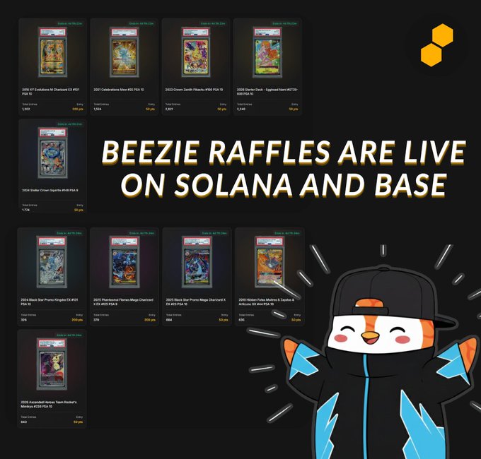 The image is a promotional graphic announcing that Beezie collector raffles are now live on both Solana and Base blockchains, featuring a grid of 10 graded Pokémon cards available for raffle—including PSA-graded items like the 2025 PYT Evolution, 2025 Mira, 2002 Crown Zenith, and 2024 Black Crow—each showing ticket totals and entry counts. A cartoon penguin mascot appears in the bottom right corner, reinforcing the brand's playful multichain expansion.