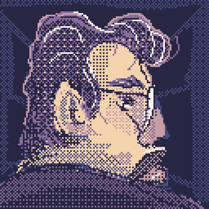 A pixelated, stylized portrait of a man with glasses and a beard against a purple, dotted background.