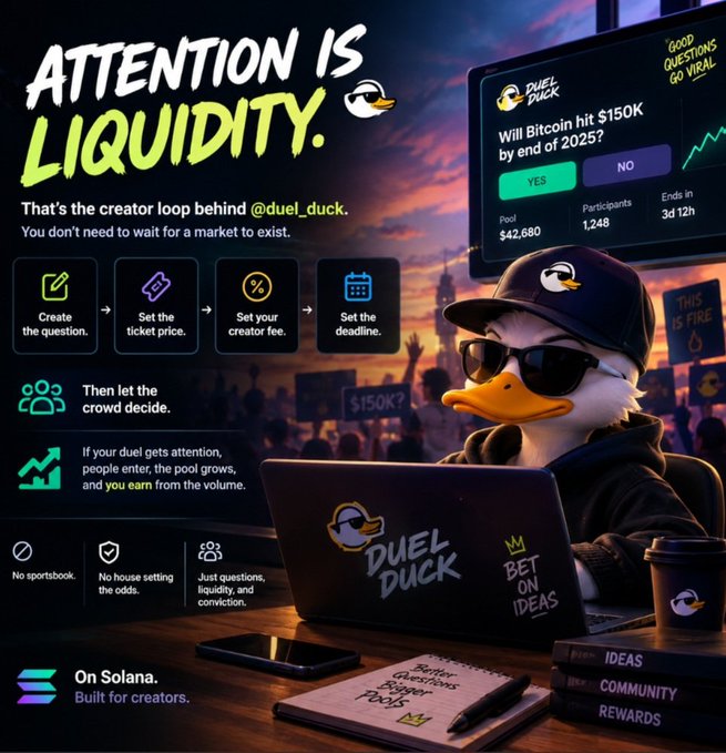 A promotional graphic for Duel Duck on Solana with the headline 'ATTENTION IS LIQUIDITY,' featuring a duck mascot wearing sunglasses working on a laptop, alongside a prediction market question 'Will Bitcoin hit $150K by end of 2025?' with a $42,680 pool.
