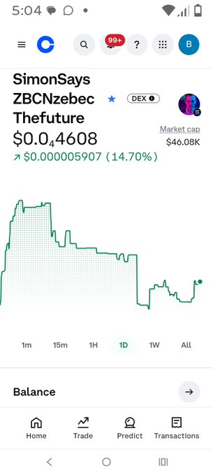 A Coinbase Wallet market screen shows the SimonSays/ZBCN token at $0.044608, up $0.000005907 (14.70%), with a market cap of $46.08K and a 1-day chart. The image illustrates the post’s bullish claim that $ZBCNS is up 17% in 24 hours.