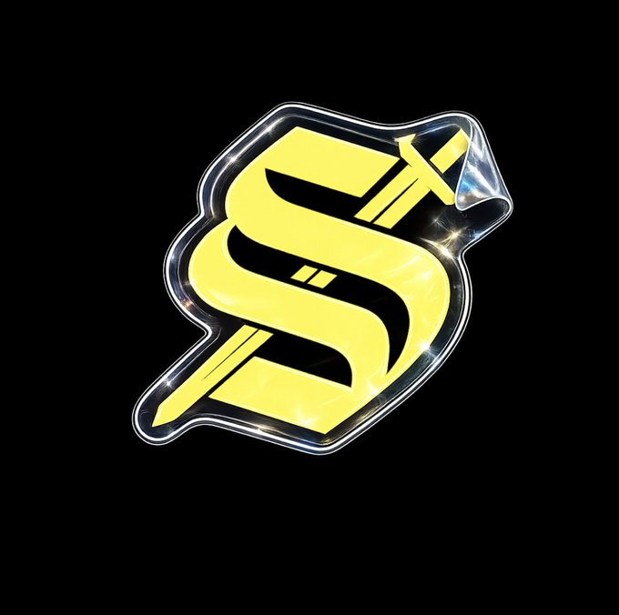 A glossy, stylized dollar sign ($) logo rendered in yellow with a clear acrylic sticker effect against a black background.