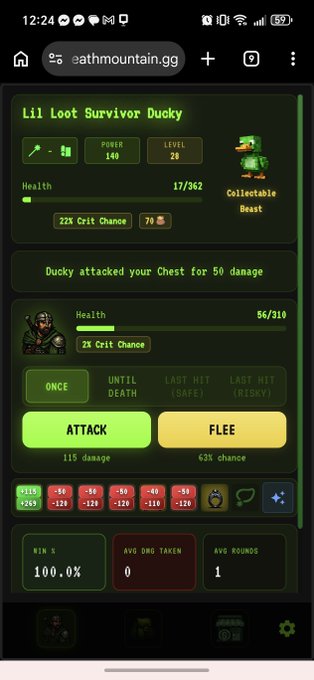 The image shows a phone screen displaying information about a game called "LootSurvivor Ducky". The screen has a green background, which contrasts with the white text. There are three duckies displayed on the screen, each with different attributes such as health and attack power. Additionally, there is a list of items available for players to use in the game. A post by @LootSurvivorDucky is also visible, suggesting that this might be a discussion or review about the game. The image does not provide any specific details about the content on the screen but focuses on the game and its elements.