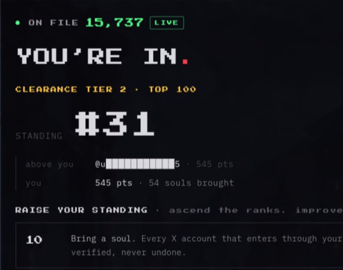 A screenshot showing a leaderboard titled "YOU'RE IN" with a standing of "#31" out of 15,737 on file, earning 545 pts and 54 souls brought, under "CLEARANCE TIER 2 - TOP 100," which appears to be a referral/ranking dashboard for Zaddrenet that the post is promoting.