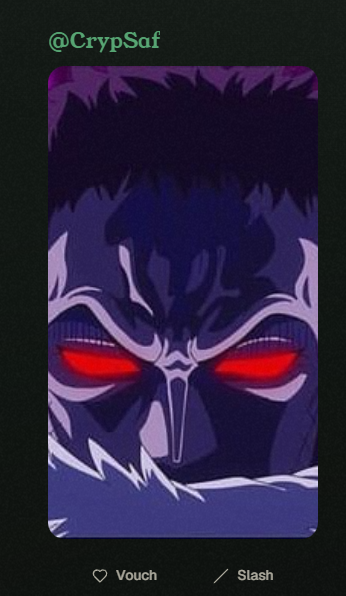 Dark anime-style illustration of a character with glowing red eyes and barcodes on the cheeks, with watermark "@CrypSaf" and text "Vouch / Slash" at the bottom.