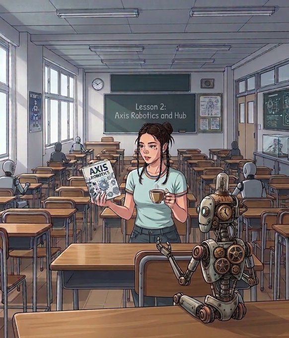 A young woman stands in a classroom holding a "AXIS ROBOTICS" book and a coffee cup, with the chalkboard behind her displaying "Lesson 2: Axis Robotics and Hub," while a friendly mechanical robot sits on a nearby desk—visually representing the moment she begins her educational deep dive into the Axis Robotics platform as described in the post.
