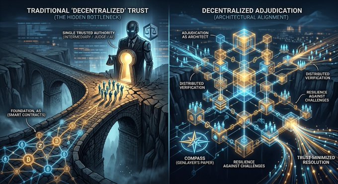 An illustrative diagram contrasting 'TRADITIONAL 'DECENTRALIZED' TRUST (THE HIDDEN BOTTLENECK)' on the left, showing a single trusted authority judge, with 'DECENTRALIZED ADJUDICATION (ARCHITECTURAL ALIGNMENT)' on the right, featuring distributed verification and resilience.