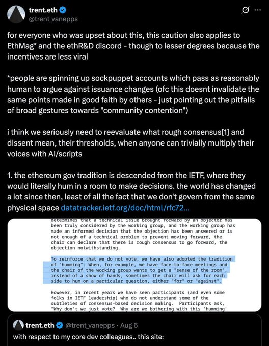 The image shows a tweet from @trent.eth (@trent_vanepps) discussing concerns about sockpuppet accounts and the need to reevaluate rough consensus in Ethereum governance, citing the IETF's "humming" tradition. The tweet includes a screenshot of text about how Ethereum governance has evolved beyond the IETF model of in-person consensus, highlighting the challenges of distinguishing real human input from bot-generated comments—directly relevant to the context of disputed comments being dismissed as bots on platforms like Ethereum Magicians and X.