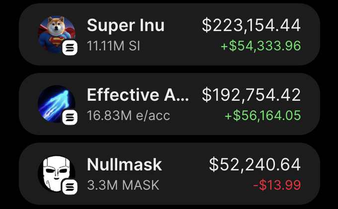 A crypto portfolio tracker displays gains of $54,333.96 on Super Inu ($SI, 11.11M), $56,164.05 on Effective Accelerator ($ECCA, 16.83M), and a $13.99 loss on Nullmask ($MASK, 3.3M). Combined with the celebratory post about exceeding $500K in total daily profit, the screenshot serves as visual evidence of the trader's Solana-based meme coin success.