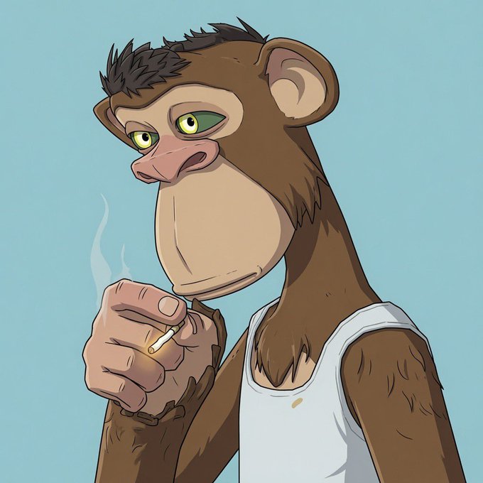 Cartoon illustration of a brown monkey-like character with green eyes, wearing a white tank top and holding a lit cigarette against a light blue background.