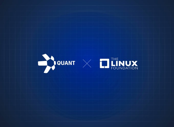 Quant and The Linux Foundation logos are displayed side-by-side on a blue grid background, visually representing their partnership as Quant joins the x402 Foundation to advance AI-agent-driven payment infrastructure.