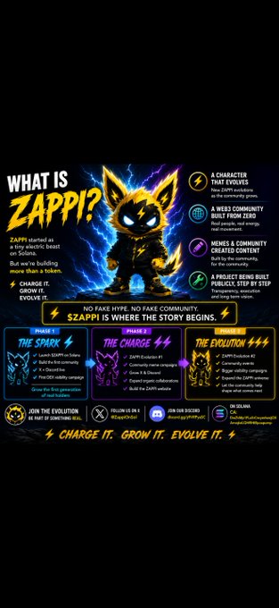 A promotional graphic titled 'WHAT IS ZAPPI?' describes the project as a character, web3 community, meme, and publicly built project, with sections labeled 'THE SPARK', 'THE CHARGE', and 'THE EVOLUTION'.