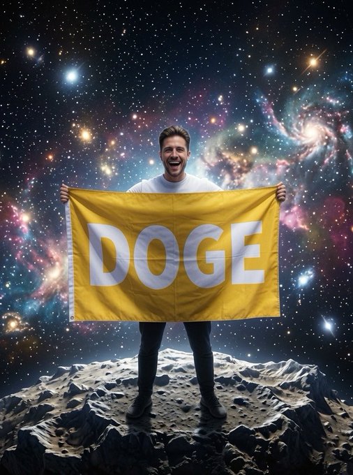 The image features a man standing on a rocky surface, holding up a yellow flag that says "DOGE" written in white letters. The background of the image shows stars and planets, creating an otherworldly atmosphere. The caption provided after the image reads "Focus on what is in the image and how it relates to the post."