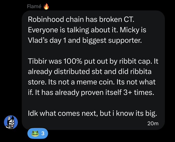 The image is a Discord message from Flamé🔥 discussing Robinhood chain's broken CT (community/test) and mentioning Micky as Vlad's biggest supporter, noting TIBBIR's frustration with ribbit cap and its established legitimacy beyond a meme coin. The accompanying post reinforces this TIBBIR narrative by highlighting the ticking time bomb between Micky Malka and Vlad Tenev, tying the Discord discussion to the broader theory of an imminent breakout.