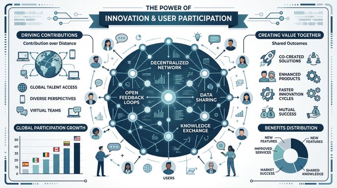 The image features a large infographic poster that visually represents information about innovation, user participation, and their impact. The poster illustrates various innovations such as the internet, GPS systems, and smart phones using different symbols, providing a clear and engaging representation of complex topics. The poster also highlights the importance of user involvement in the creation of outcomes and how collaboration can drive successful innovations.

The main focus is on the infographic's title "The Power of Innovation & User Participation", which appears at the bottom center of the poster. This central theme is further explored through a series of illustrations, icons, and logos related to key innovations such as the internet, GPS systems, and smart phones. The use of visually striking colors adds an aesthetic appeal to the design while effectively conveying the intended message about the power of user participation in driving innovation forward.