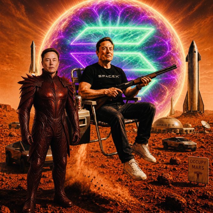 A vibrant, stylized digital artwork depicts Elon Musk twice—once in a red sci-fi suit and once in a 'SPACEX' shirt holding a rifle—sitting on a Mars-like landscape with SpaceX rockets and an 'OCCUPY MARS' sign.