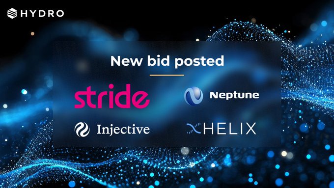 A promotional graphic from HYDRO announcing a new bid, featuring logos for Stride, Neptune, Injective, and Helix against a blue digital wave background, visually highlighting the partnership between these platforms for deploying ATOM to the stATOM/ATOM pool.