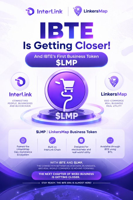 A promotional graphic for IBTE announcing the upcoming $LMP token launch, featuring logos for InterLink (connecting people, businesses and blockchain) and LinkersMap (geo-commerce using real business utility), with text noting it powers the LinkersMap Geo-Commerce Ecosystem and is built on the InterLink Chain.