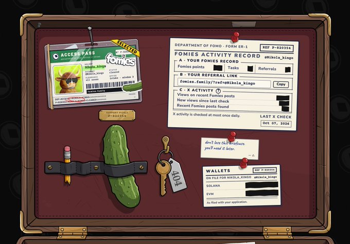 An illustration of a wooden briefcase containing an "ACCESS PASS" with a "fomies" logo, a form titled "FOMIES ACTIVITY RECORD," a wallet info card for Solana, a key labeled "404," a pickle, and a pencil strapped down with a belt.