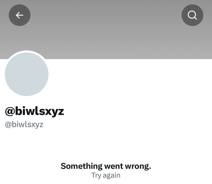A blank social media profile page for the username '@biwlsxyz' displaying an error message that reads 'Something went wrong. Try again'.
