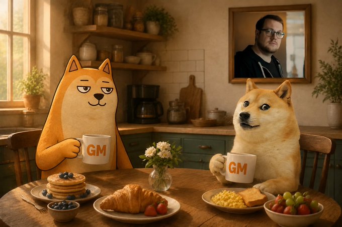urns of water, coffee maker, and vase with flowers are present on a kitchen countertop, accompanied by two cartoon dogs enjoying breakfast together.