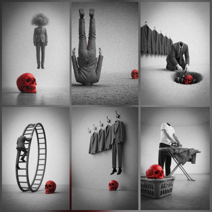 A six-panel surreal black-and-white photo collage featuring men in suits and red skulls in various absurd scenarios including floating, falling, and walking on wheels.