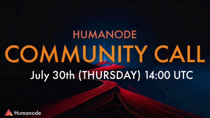 The image is a promotional graphic for a Humanode Community Call scheduled for July 30th (Thursday) at 14:00 UTC, featuring bold orange and white text against a dark background with red and blue flowing light trails. The design complements the post's announcement by visually reinforcing the event details and date reminder.
