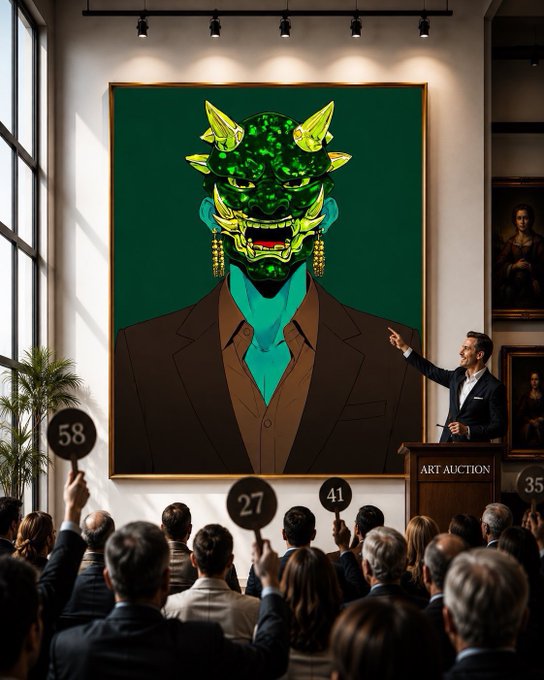 An art auction scene featuring a large green oni-mask portrait where bidders display paddles marked "58," "27," and "41," while an auctioneer at a podium labeled "ART AUCTION" gestures toward the artwork—visually echoing the post's theme of community support by showcasing a curated auction of a featured artist's work.