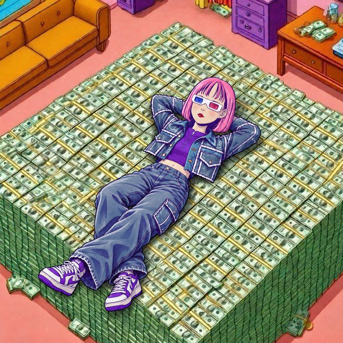 An anime-style illustration of a pink-haired girl wearing 3D glasses and denim outfit, relaxing on a large bed made of stacked bundles of money with a yellow sofa nearby.