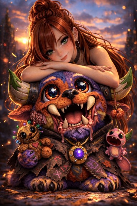 A vibrant digital illustration of an anime-style red-haired girl resting her chin on a large, colorful, fanged creature with big eyes, accompanied by small plush-like companions, set against a sunset sky.