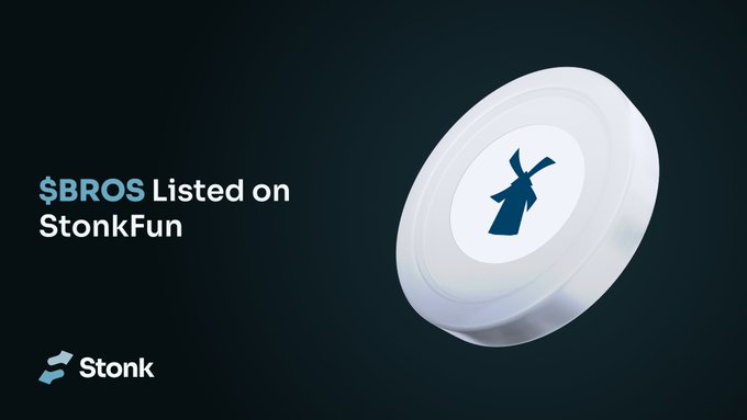 A promotional graphic on a dark background announces "$BROS Listed on StonkFun" alongside a 3D white disc featuring a stylized windmill logo in blue, visually representing the new tokenized Dutch Bros stock listing on the StonkFun platform.
